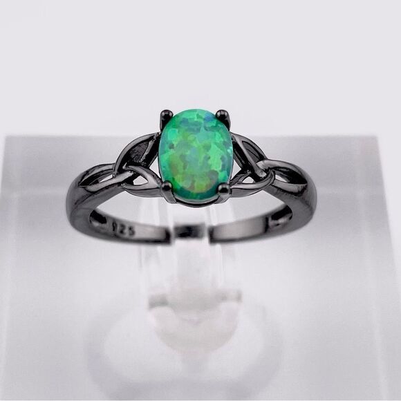 𝅺STERLING SILVER Black Rhodium Plated Center Stone Blue Green Lab Opal Ring - Picture 1 of 4